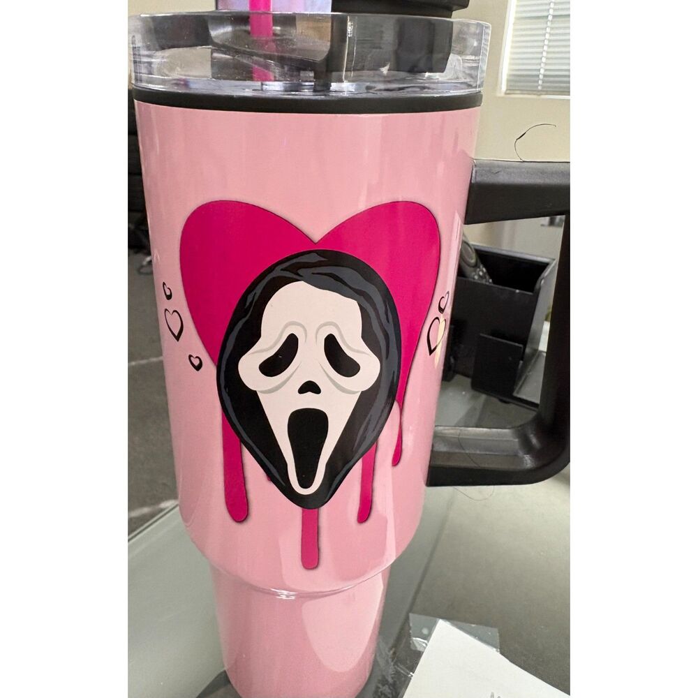 Ghost Face Pink Insulated Tumbler with Handle